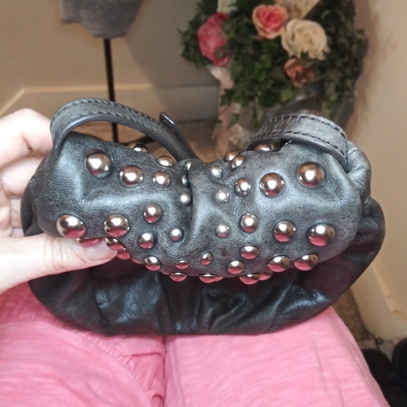 Badgley Mischka Charcoal Leather Boho/Rocker Chic Silver Studded Crossbody Purse - Picture 8 of 13